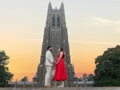 Couple at Duke Chapel at sunset